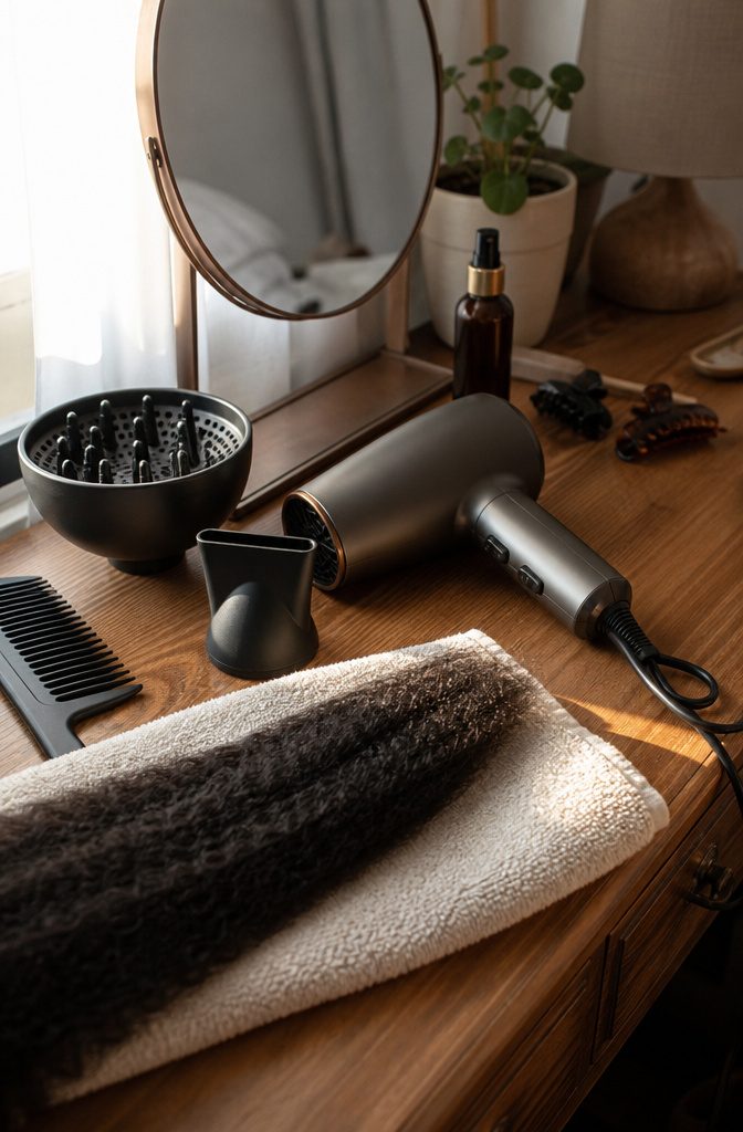 Hair dryer and styling tools arranged on a bedroom vanity beside a mirror