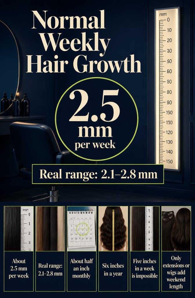 Graphic titled Normal Weekly Hair Growth with a hair growth measurement