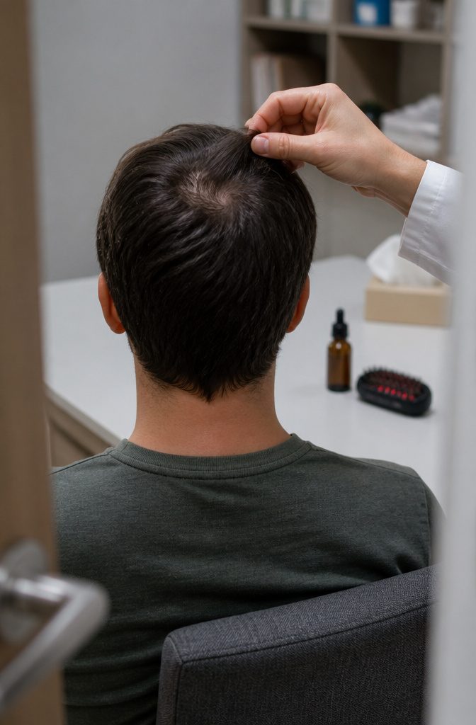 Hair loss treatment products arranged beside a scalp care routine