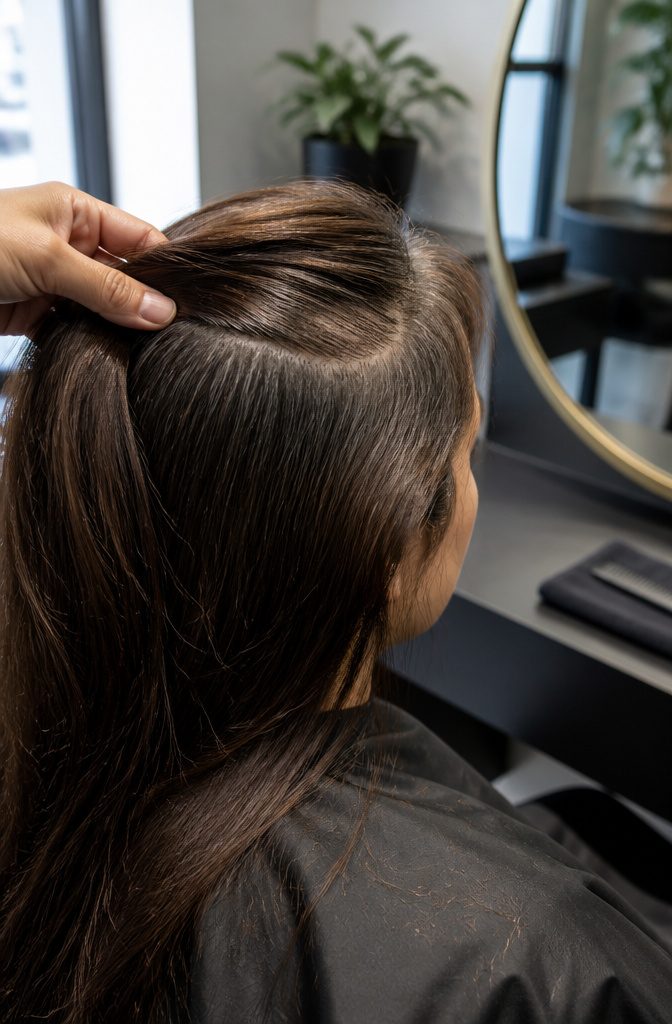 Natural hair with loose strands on a dark salon cape as fingertips part it