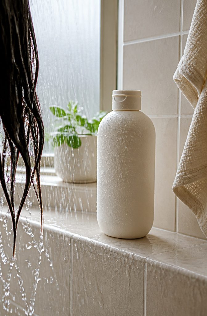 12 Hair Growth Tips at Home: What the Research Says Works 4 Unmarked gentle shampoo bottle on tiled shower shelf beside running water and rinsed wet hair