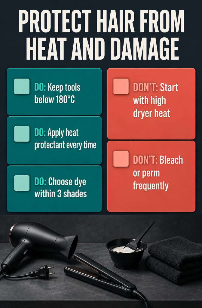 12 Hair Growth Tips at Home: What the Research Says Works 6 Fashion information graphic titled Protect Hair From Heat and Damage