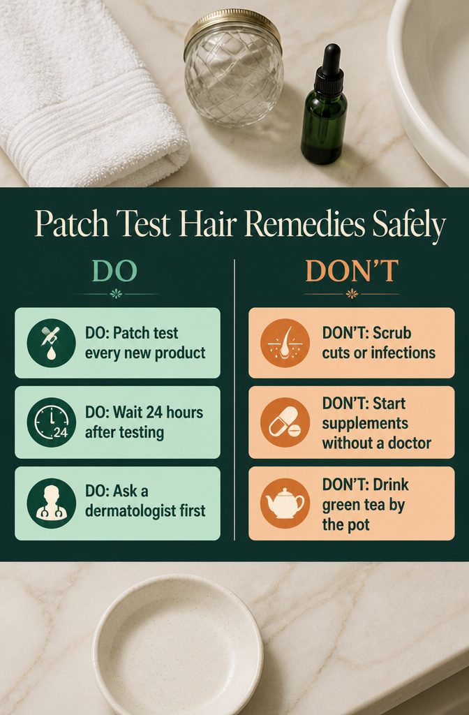 12 Hair Growth Tips at Home: What the Research Says Works 15 Fashion information graphic titled Patch Test Hair Remedies Safely