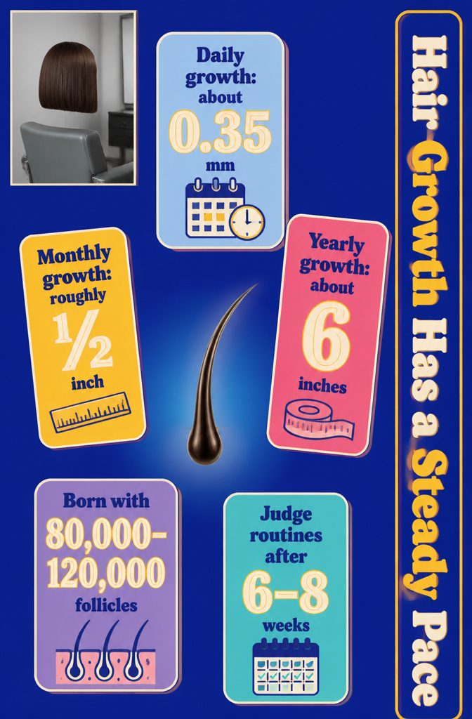 12 Hair Growth Tips at Home: What the Research Says Works 14 Fashion information graphic titled Hair Growth Has a Steady Pace