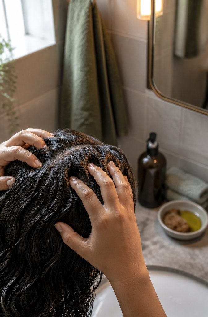 12 Hair Growth Tips at Home: What the Research Says Works 3 Hair care photograph illustrating an at-home scalp care routine