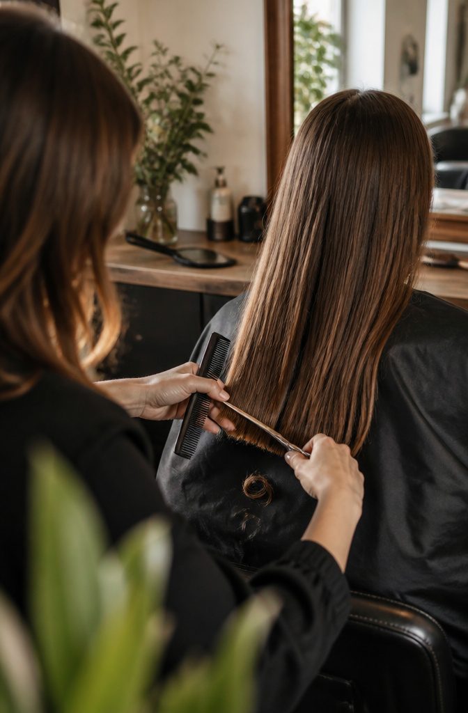 12 Hair Growth Tips at Home: What the Research Says Works 8 Stylist scissors trimming long hair ends with a fresh curl on a dark cape