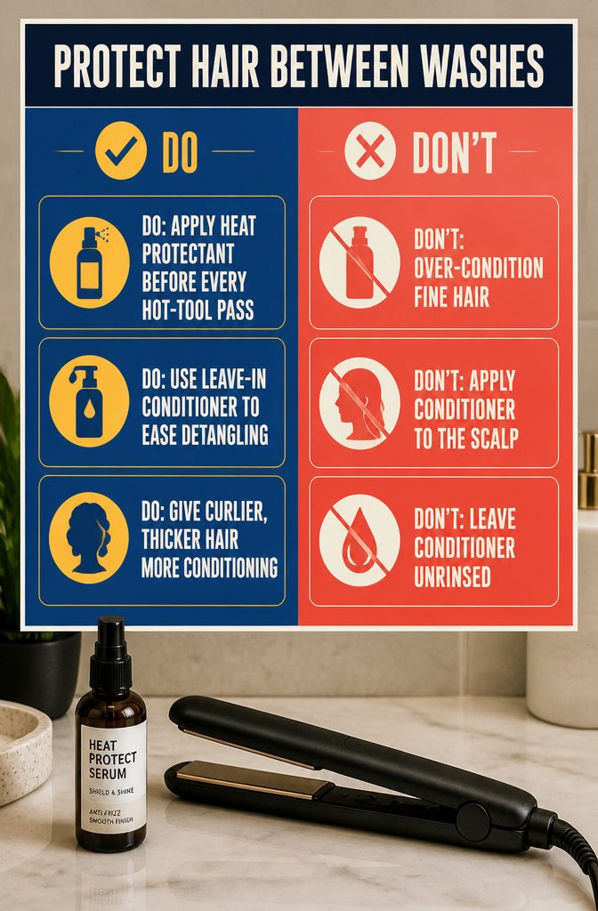 Hair Styling at Home: Tools, Products, and Technique Basics 4 Fashion graphic with text about protecting hair between washes