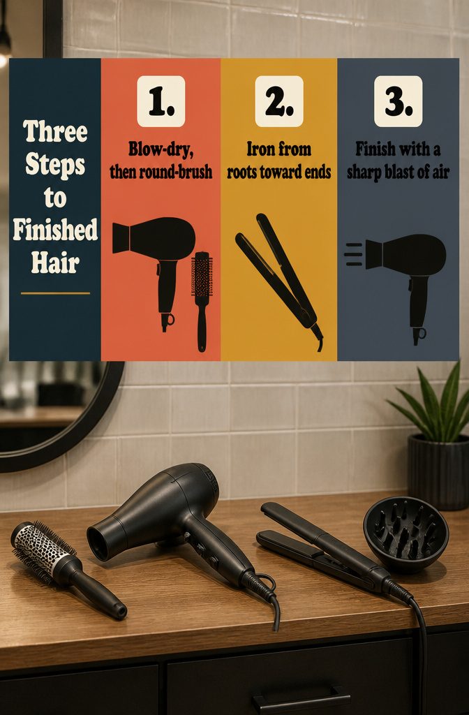 Hair Styling at Home: Tools, Products, and Technique Basics 5 Fashion graphic with text listing three steps for finished hair