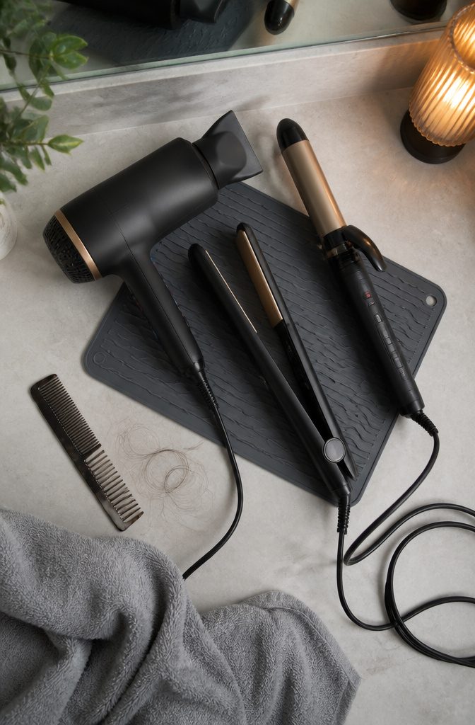 Hair Styling at Home: Tools, Products, and Technique Basics 2 Straightener curling iron and hair dryer arranged together for home styling