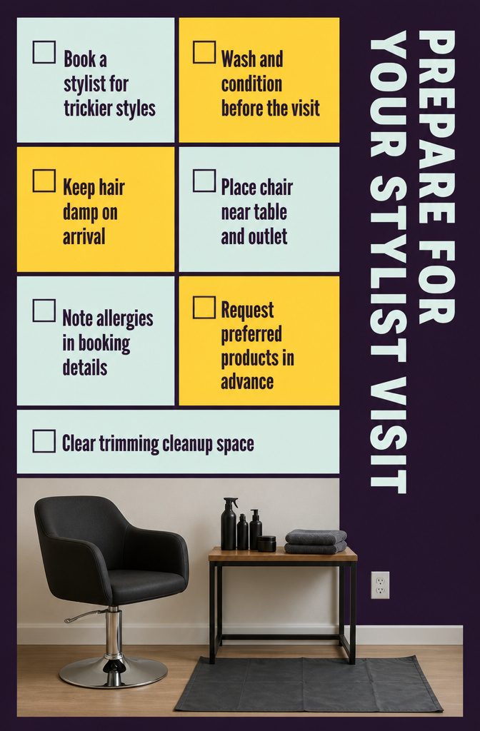 Hair Styling at Home: Tools, Products, and Technique Basics 9 Fashion graphic with text about preparing for a stylist visit