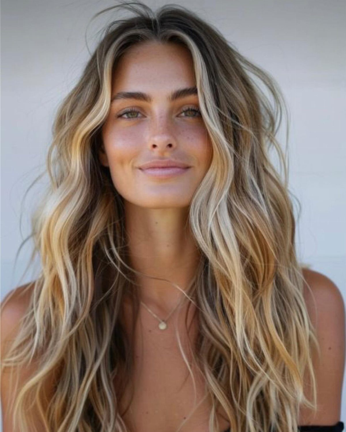 Woman with long blonde hair styled in loose, beachy waves and sun-kissed highlights.