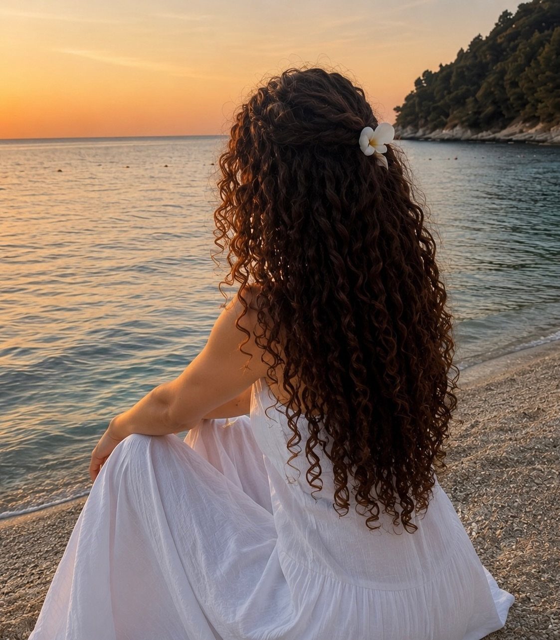 Woman with long brown natural curls down sitting on a beach at sunset.