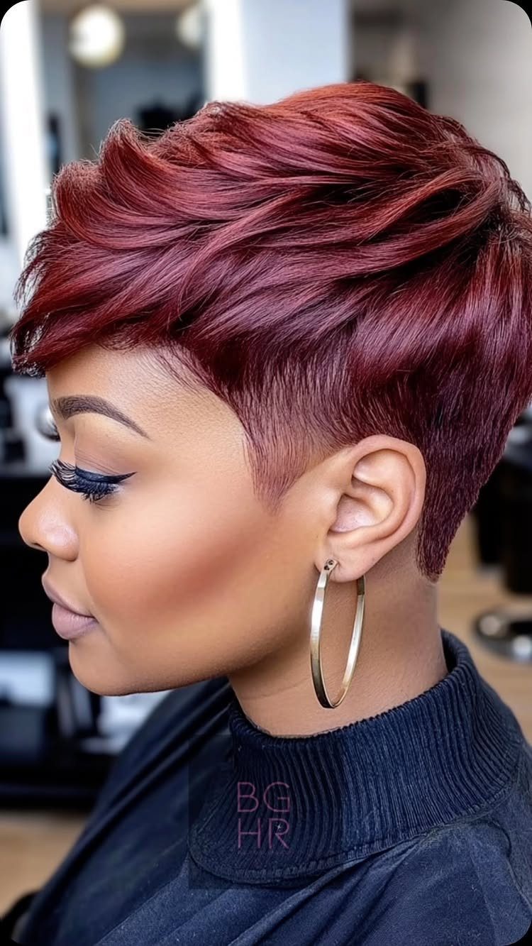 Woman with a short, textured pixie haircut in a deep reddish-burgundy color.