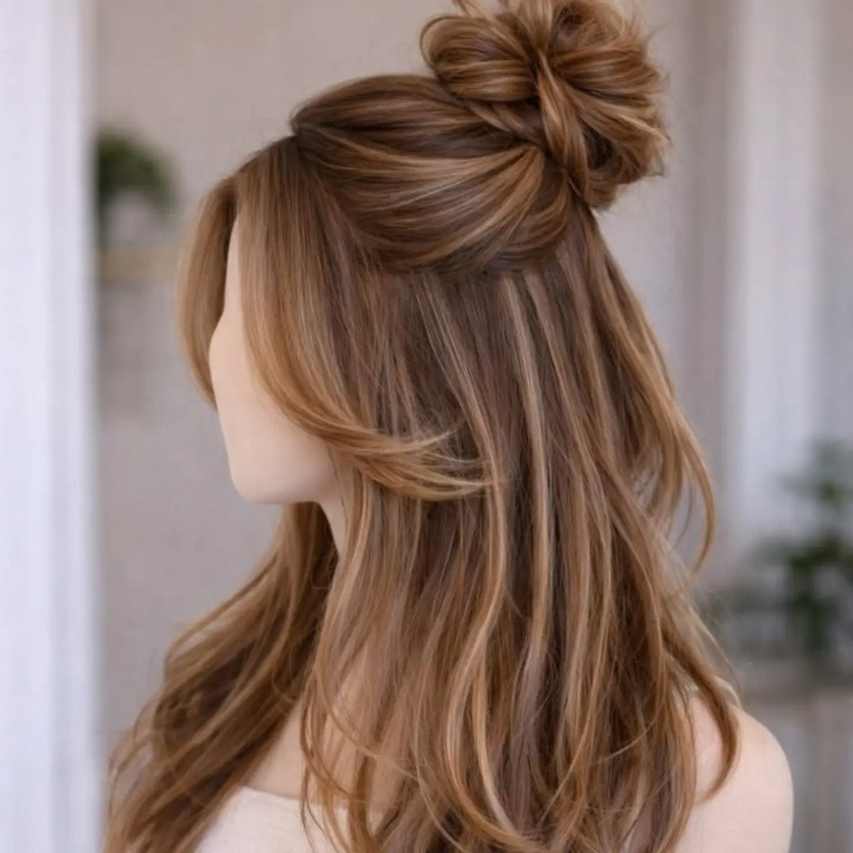 12 Hairstyles to Hide Bangs, From Quick Sweeps to Sleek Buns 11 Woman with light brown hair in a messy bun hiding her bangs.