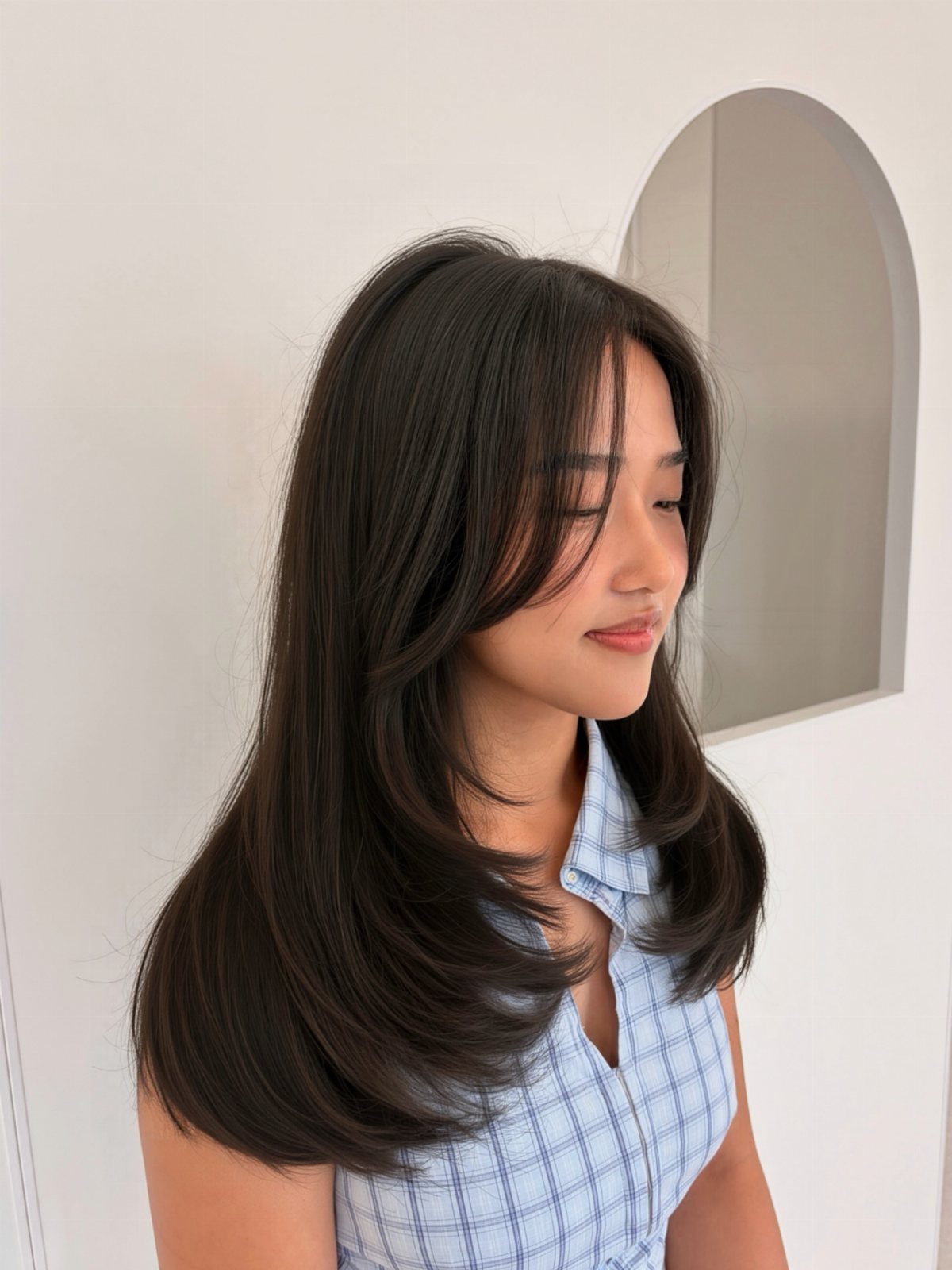 12 Hairstyles to Hide Bangs, From Quick Sweeps to Sleek Buns 5 Woman with long dark hair and voluminous, textured face-framing bangs curving outward.
