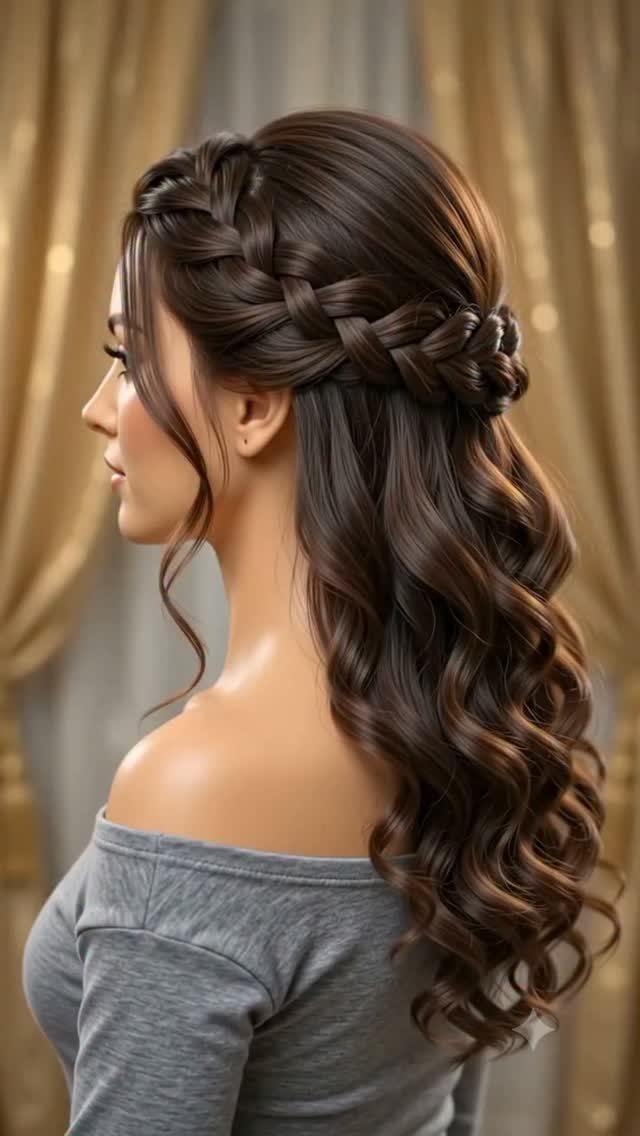 7 Half Braid Half Curly Hairstyles for Braids Mixed With Curls 7 Woman with brown hair featuring a side braid and long curly waves.
