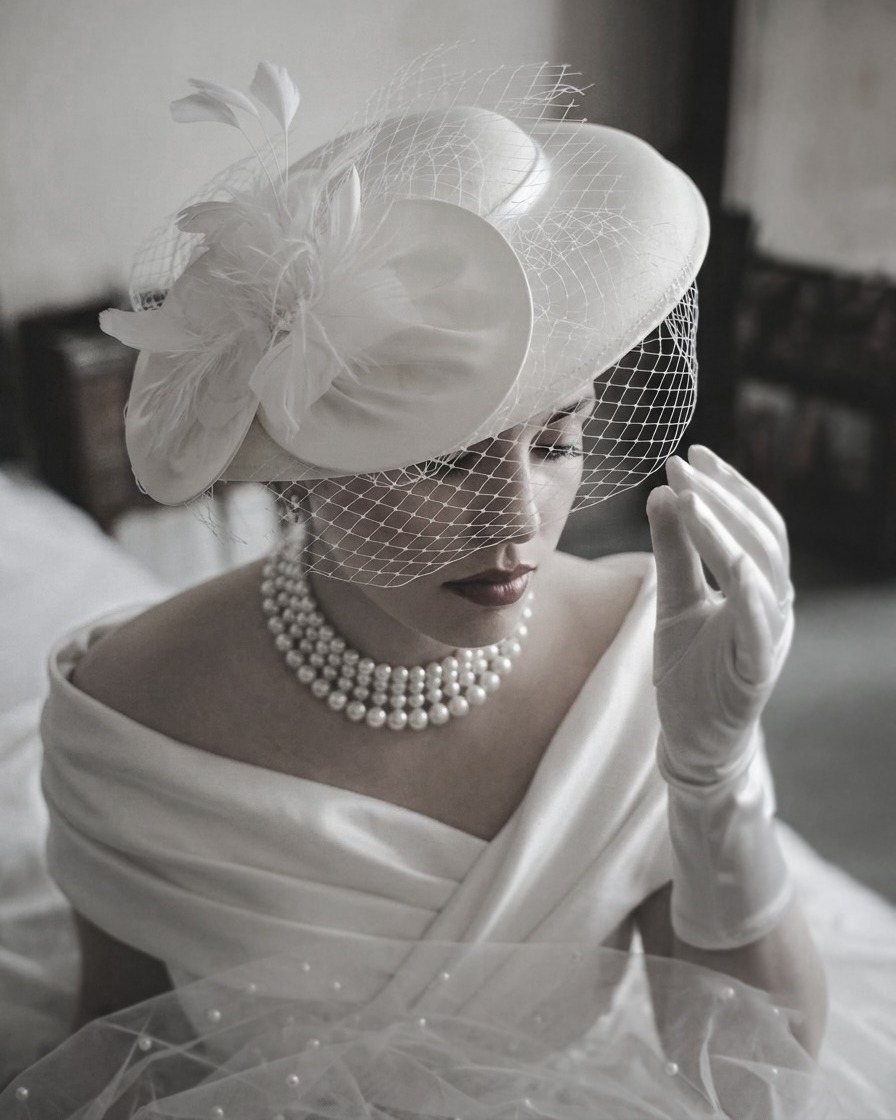 Woman wearing a white bridal hat with a net veil and pearl necklace.