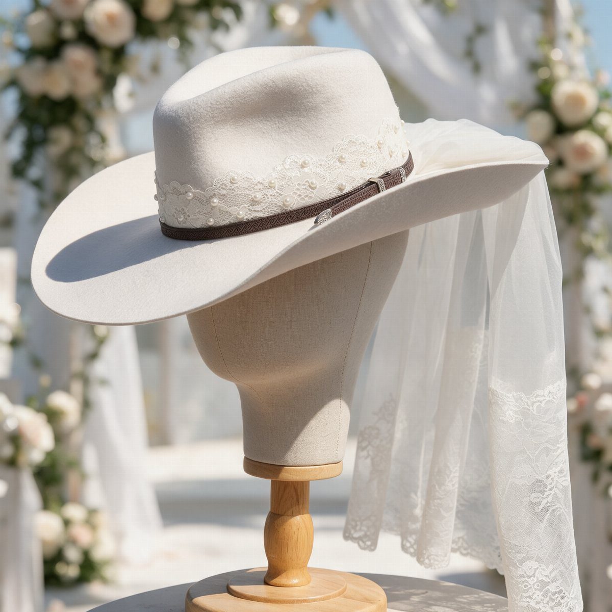 White cowboy hat with pearl band and lace veil on a mannequin head.