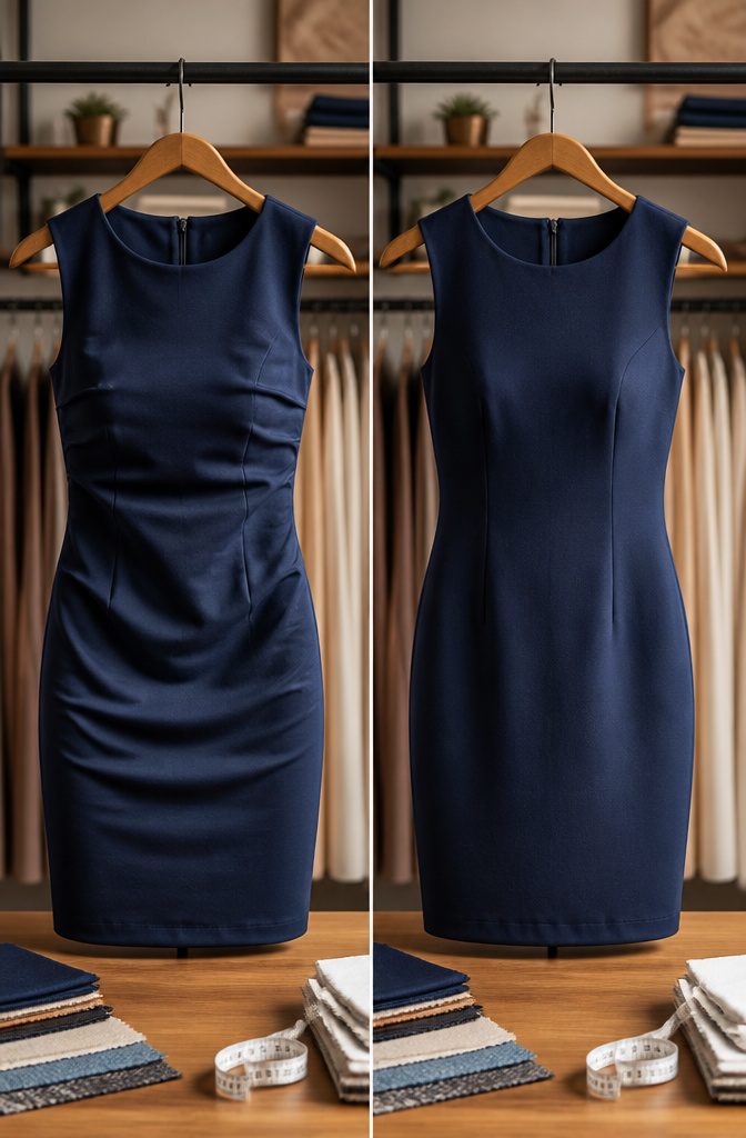 A model demonstrating fit issues in a dress.