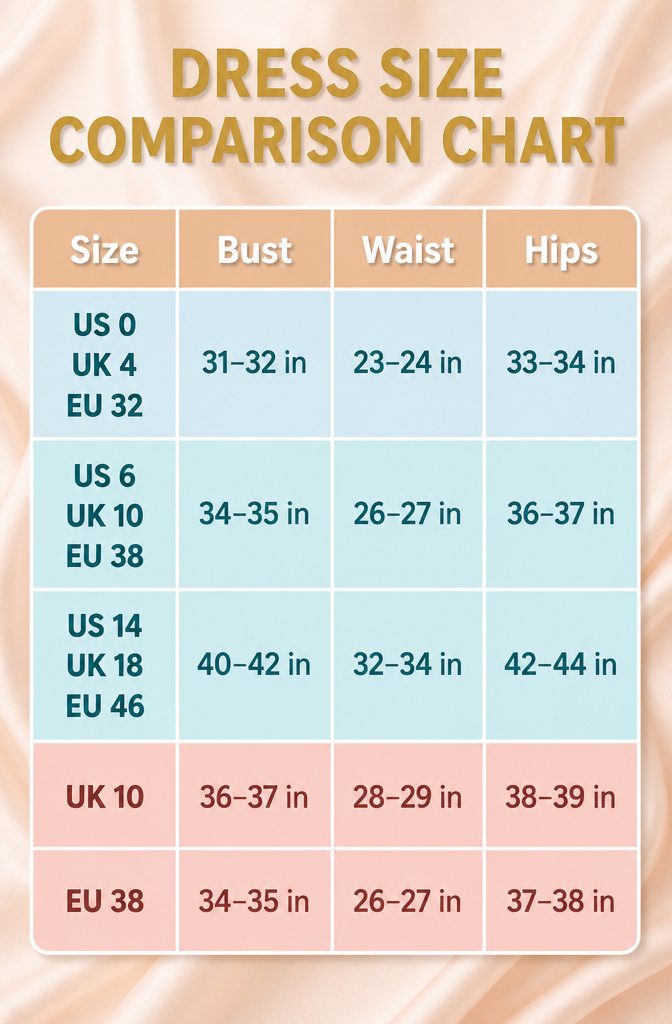 A chart comparing US, UK, and EU dress sizes.