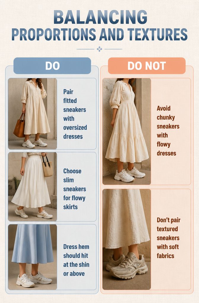 A visual guide on balancing proportions between sneakers and dresses.