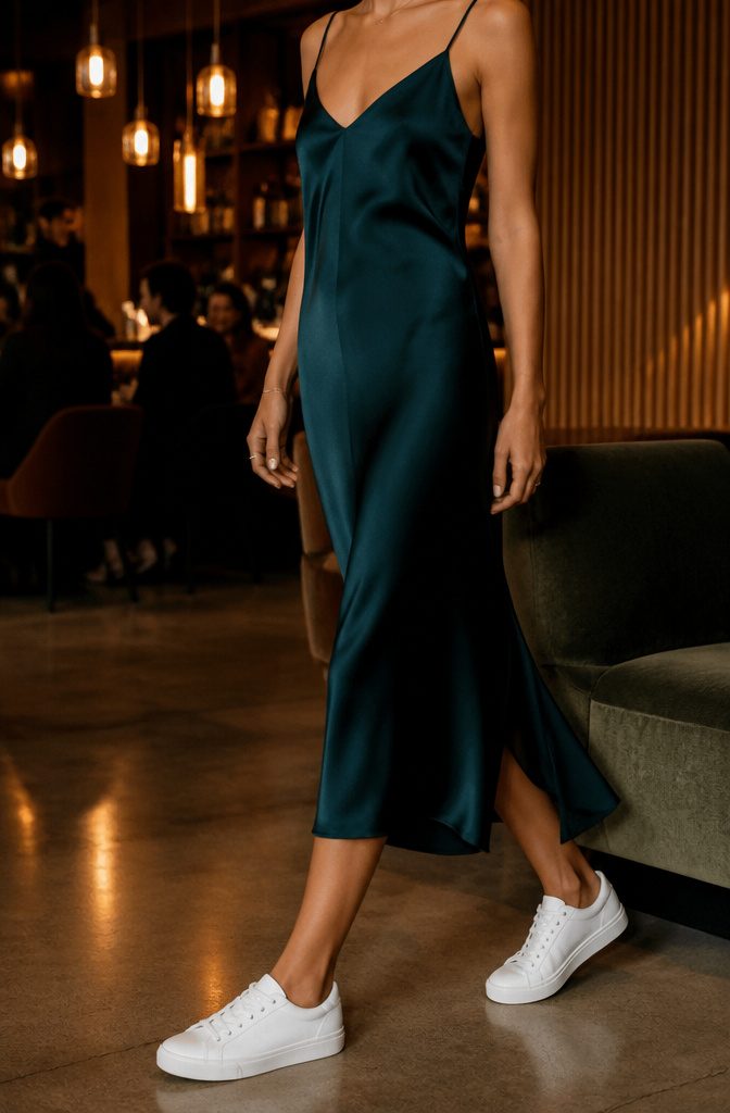 A model in a jewel tone silk slip dress and white low-top sneakers.