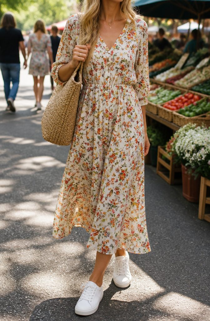 A model in a floral midi dress and white sneakers at an outdoor market.