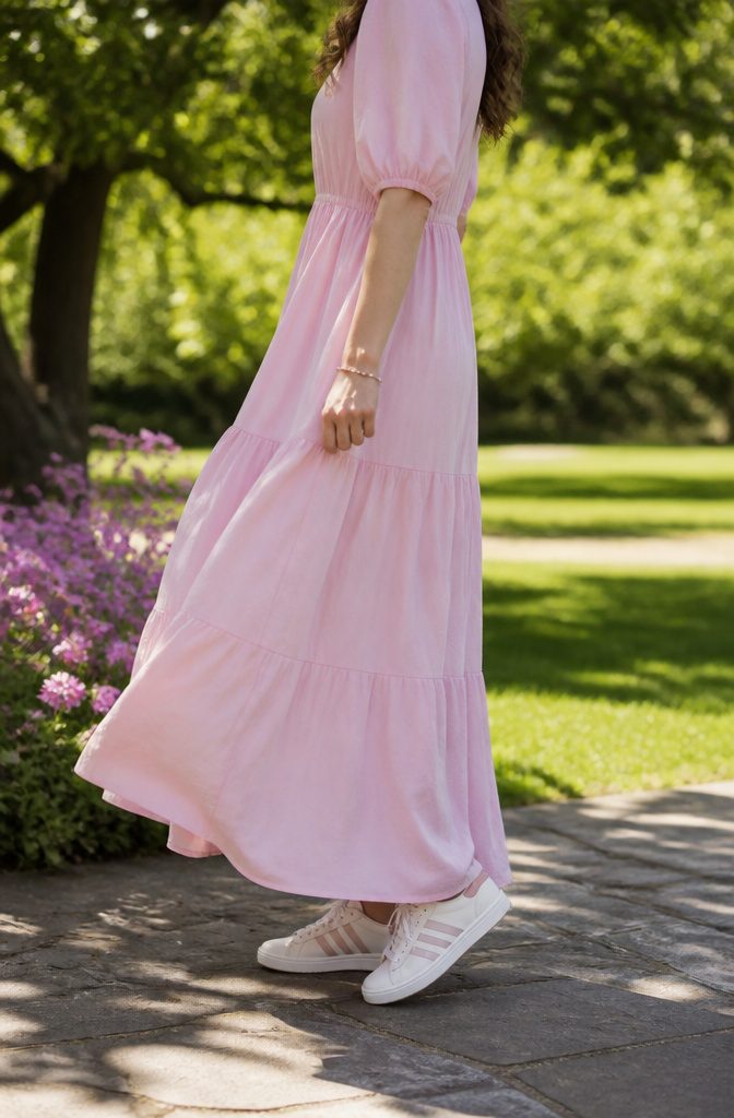 A pastel maxidress paired with white Adidas sneakers on a model outdoors.
