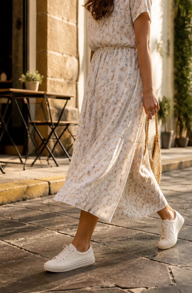 A model in a midi-dress and white sneakers, showcasing movement.