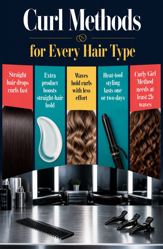 How to Get Curly Hair in 5 Steps, Matched to Your Hair Type 2 Information graphic comparing curl methods for different hair textures