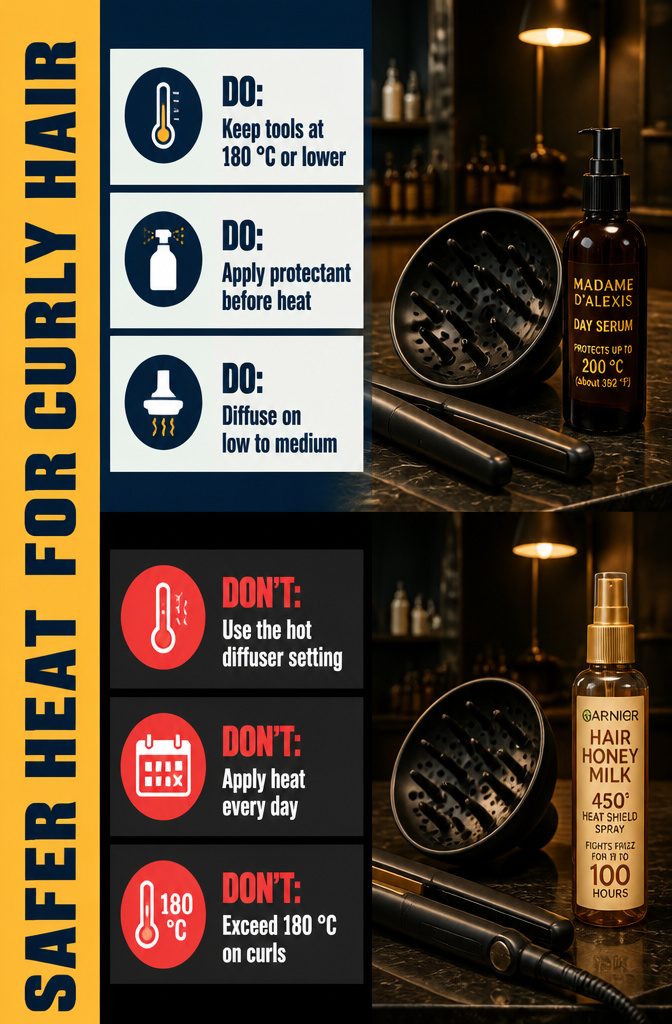 How to Get Curly Hair in 5 Steps, Matched to Your Hair Type 7 Information graphic about safer heat use on curly hair