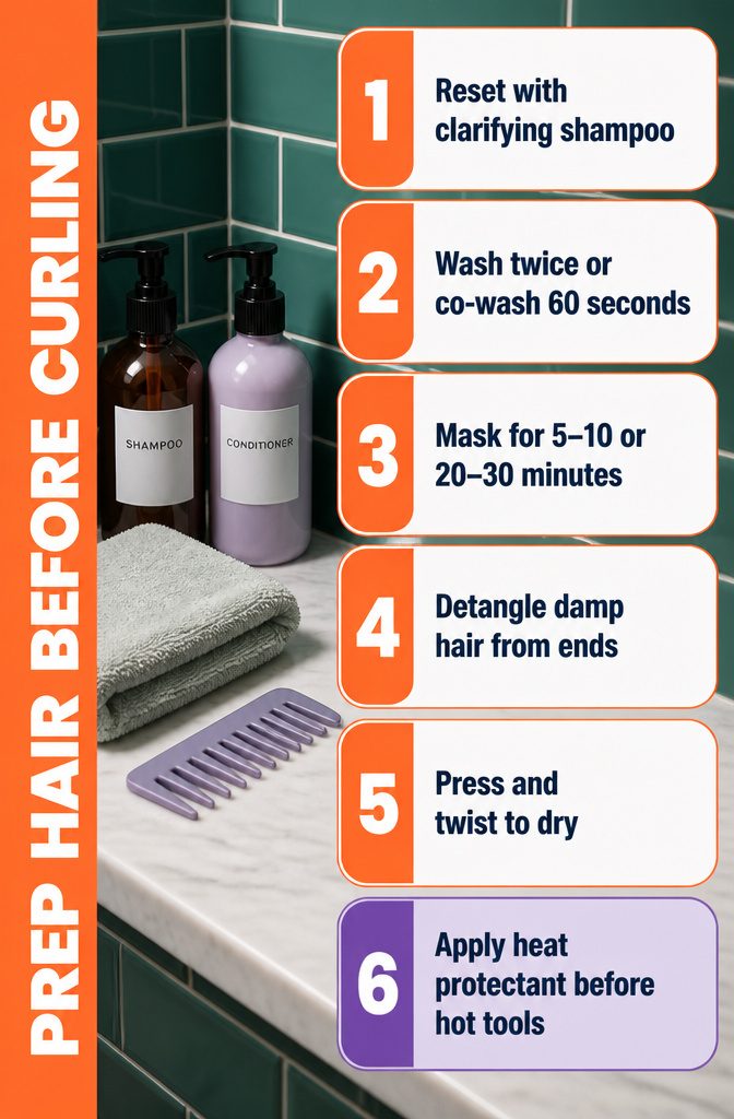 How to Get Curly Hair in 5 Steps, Matched to Your Hair Type 3 Information graphic listing hair preparation steps before curling