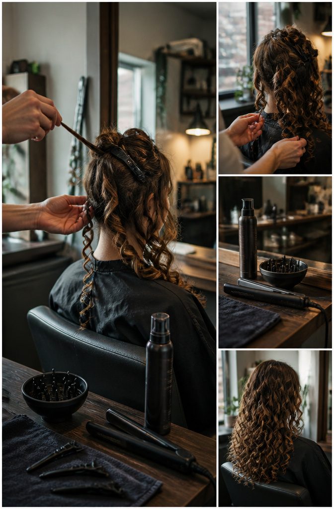 Hand wrapping a section of hair around a curling iron barrel