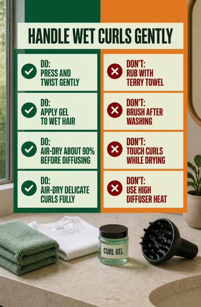 Microfiber towel and cotton T-shirt beside wet curly hair