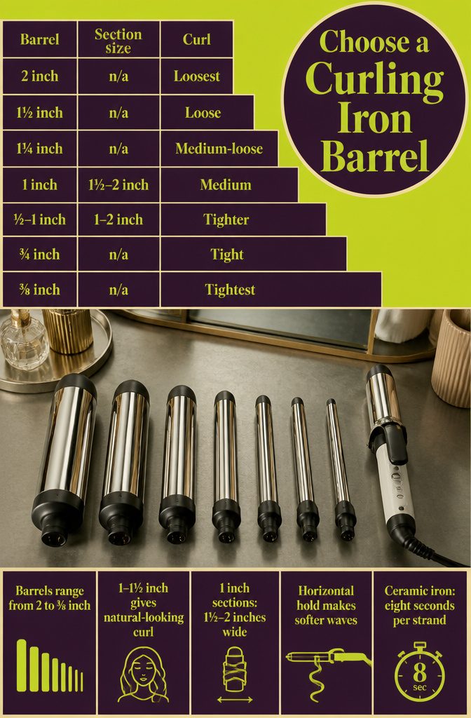 Curling iron barrels in different widths beside examples of loose and tight curls