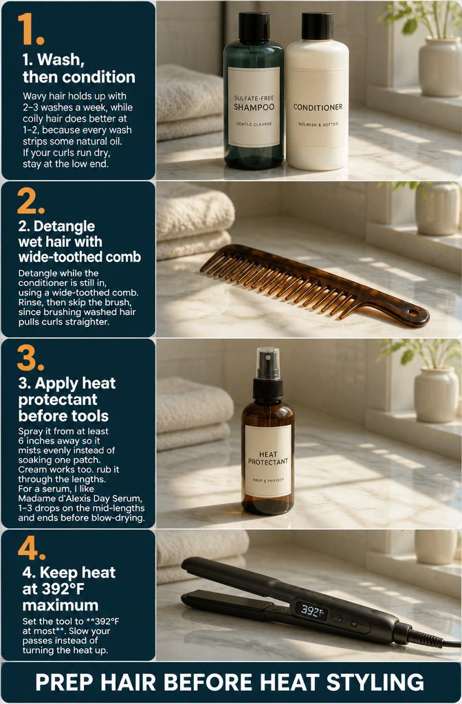 Heat protectant bottle beside a wide-toothed comb and hair styling tools