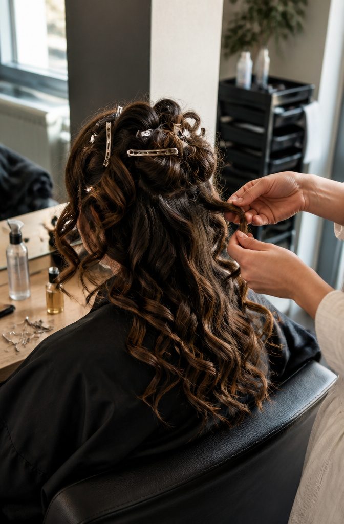 Stylist hands lifting a model’s curl beside a microfiber towel hairspray and hair oil