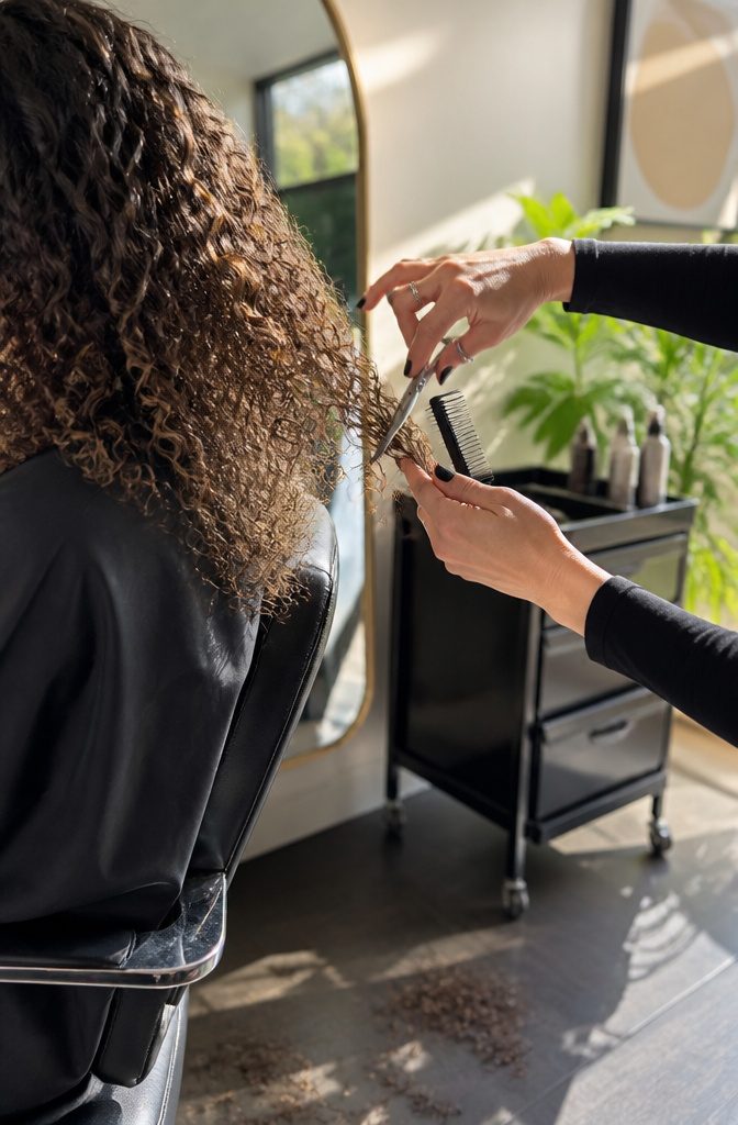 Hair stylist trimming the ends of curly hair with scissors