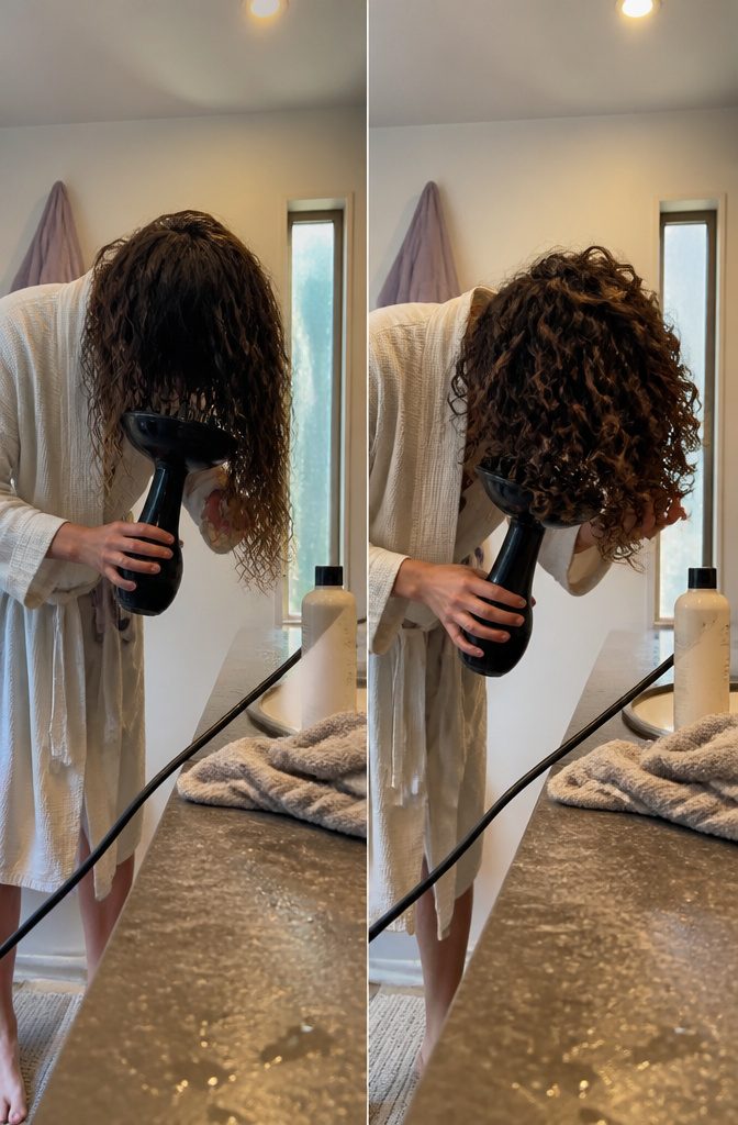 How to Make Your Wavy Hair Curly in 7 Steps, Wash to Refresh 6 Wavy hair being dried with a diffuser to shape the curls