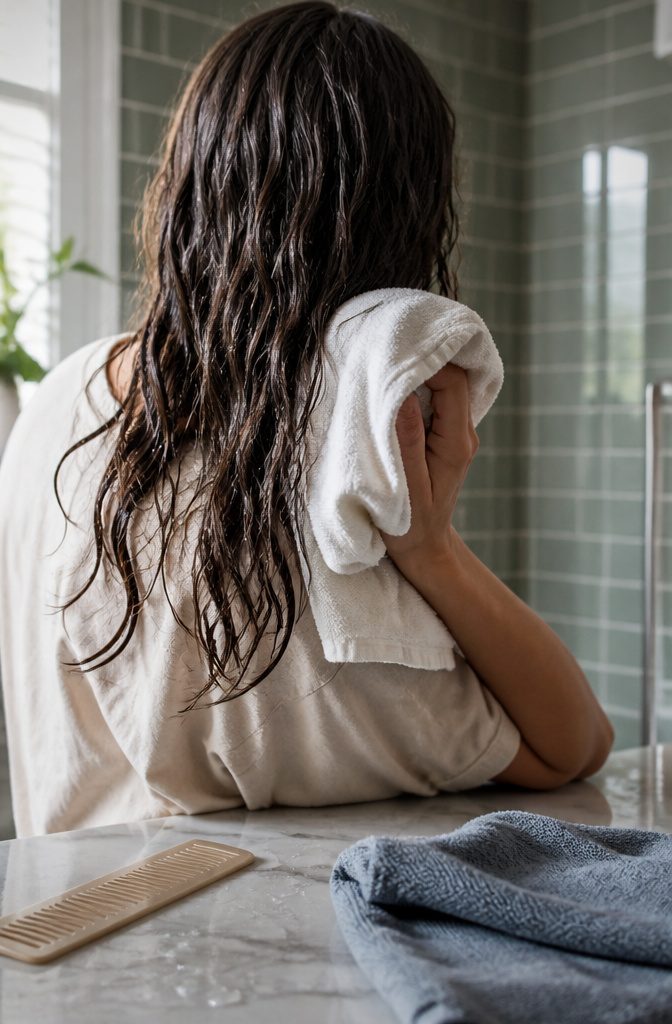 How to Make Your Wavy Hair Curly in 7 Steps, Wash to Refresh 3 Back of a head with damp wavy hair being combed and blotted