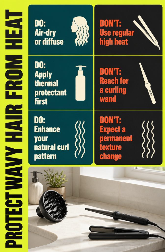 How to Make Your Wavy Hair Curly in 7 Steps, Wash to Refresh 8 Wavy hair heat protection diagram showing safe styling guidance