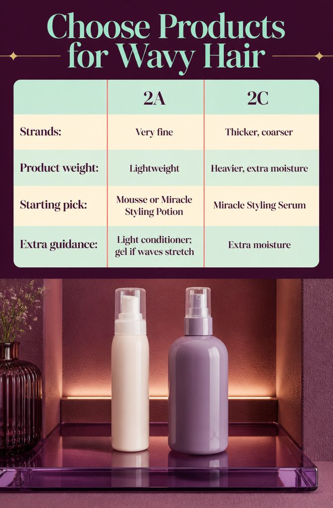 How to Make Your Wavy Hair Curly in 7 Steps, Wash to Refresh 9 Wavy hair product guide comparing fine 2A and thicker 2C strands
