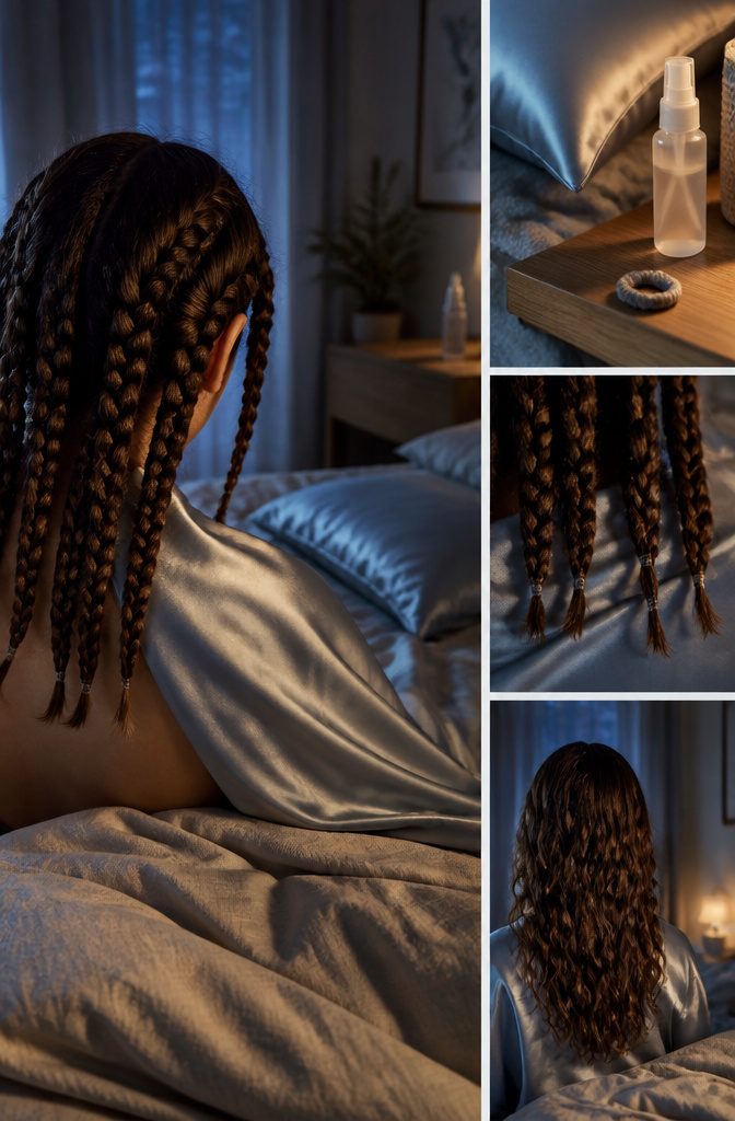 How to Make Your Wavy Hair Curly in 7 Steps, Wash to Refresh 11 Braided wavy hair secured for sleep with satin fabric nearby