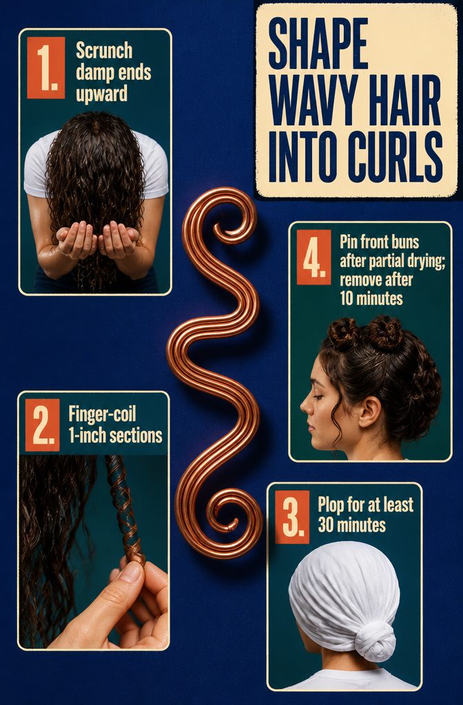 How to Make Your Wavy Hair Curly in 7 Steps, Wash to Refresh 5 Wavy hair styling diagram with steps for scrunching twisting and plopping