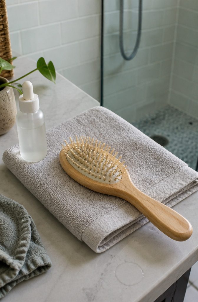 Soft-bristle hairbrush with loose hairs on folded towel beside plain serum bottle