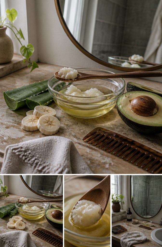 Hair and scalp in a photograph accompanying home remedy advice
