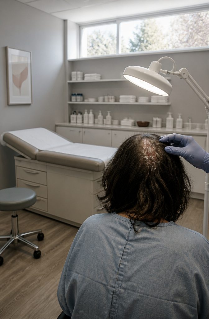 Hair and scalp in a photograph accompanying dermatologist guidance