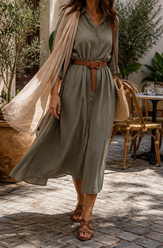 A midi dress with a casual belt in a courtyard.