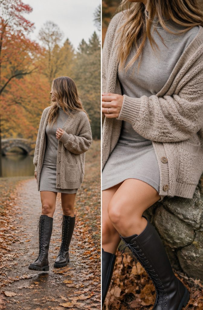 A cotton dress layered for fall.