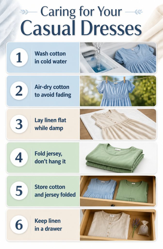 Care instructions for casual dresses.